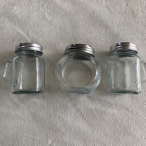 3 Mini Glass Mason Jars Slanted Cookie Jar Candy Screw Silver Lid Handles Shot
